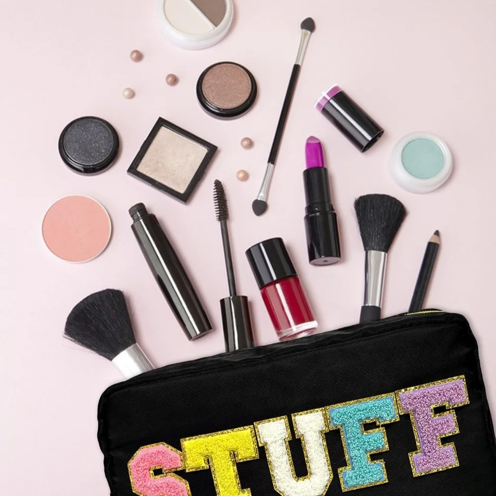 Black Cosmetic Bag with Colorful 'STUFF'‎ Design